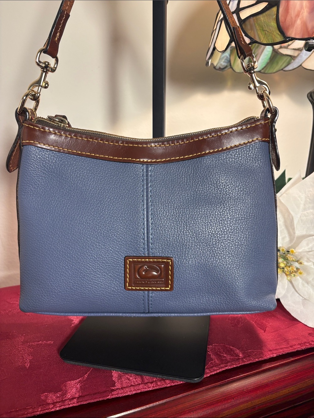 Dooney & Bourke Blue Leather Crossbody Shoulder Bag with Brown Trim